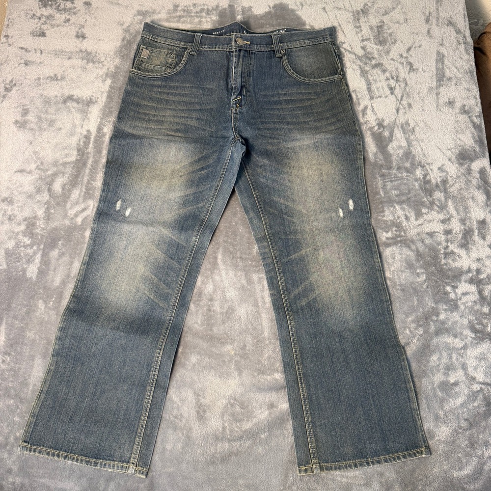 Marc Ecko Cut & Sew Mens Bootcut Jeans Blue Distressed Denim W40 L30 Starched